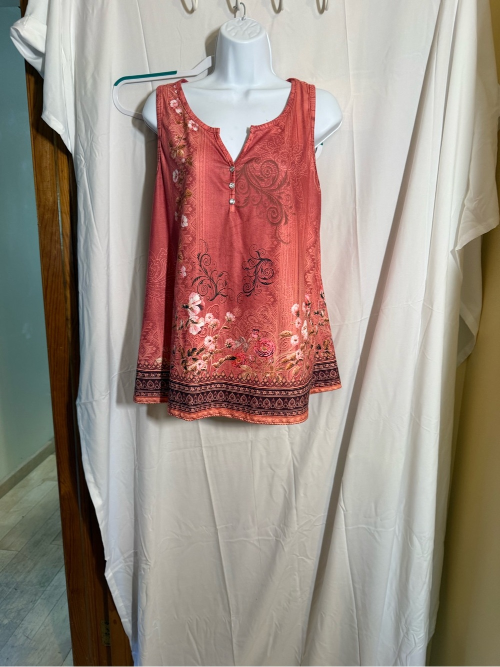 Floral Coral Sleeveless Henley Tank Top